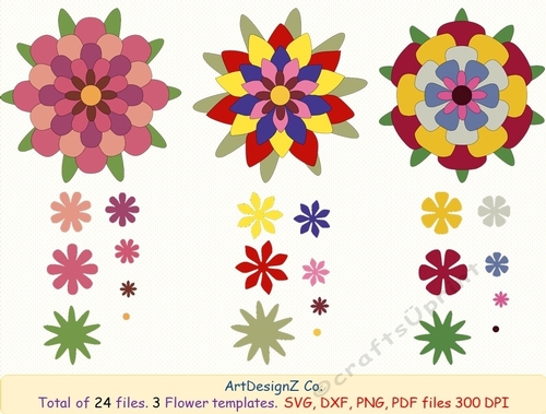 Total of 24 files. 3 Flower templates and silhouettes. Parts, felt, cut, felting, model, making, design, template
