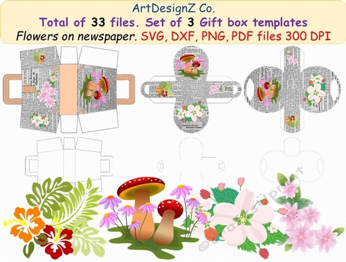 Total of 33 files. Separate flowers. Set of 3 Beautiful gift box templates with flowers on newspaper. Svg, clipart, basket, birthday, fathers day, wedding, mothers day, Halloween, Easter