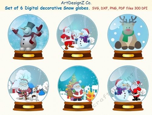 Set of six digital decorative snow globe templates. Appropriate for card fronts. Toppers, flower, nature, rose, decoupage, Christmas, Santa, snowman, card, birthday, celebration