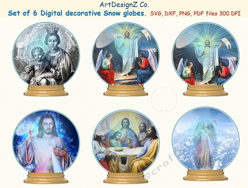 Set of six digital decorative snow globe templates. Christmas scenes.  Appropriate for card fronts. Toppers, flower, nature, rose, decoupage, Christmas, Santa, snowman, card, birthday, celebration