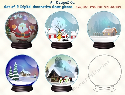 Set of five digital decorative snow globe templates. Christmas scenes.  Appropriate for card fronts. Toppers, flower, nature, rose, decoupage, Christmas, Santa, snowman, card, birthday, celebration