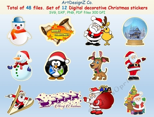 Total of 48 files. Set of 12 digital decorative Christmas sticker templates.  Appropriate for card fronts. Toppers, flower, nature, rose, decoupage, Christmas, Santa, snowman, card, birthday, celebration