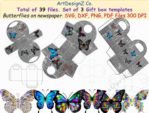 Total of 39 files. Separate butterflies. Set of 3 Beautiful gift box templates with butterflies on newspaper. Svg, clipart, basket, birthday, fathers day, wedding, mothers day, Halloween, Easter