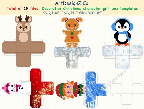 Total of 19 files. Basic Paper Gift box templates with Christmas characters. Party favor box, 3d svg, cricut. 