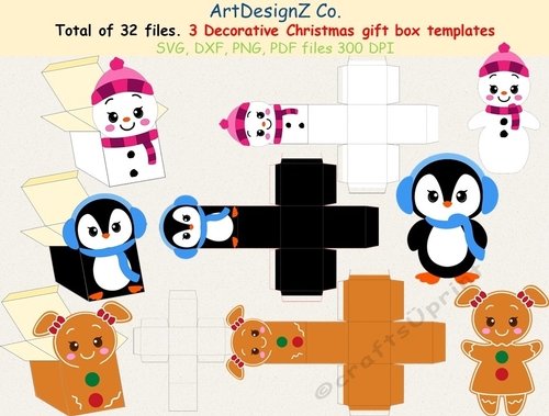 Total of 32 files. Beautiful Christmas gift box templates.  SVG, 3D Box, Bundle, biscuit Box, Snowman Box, penguin Box treat