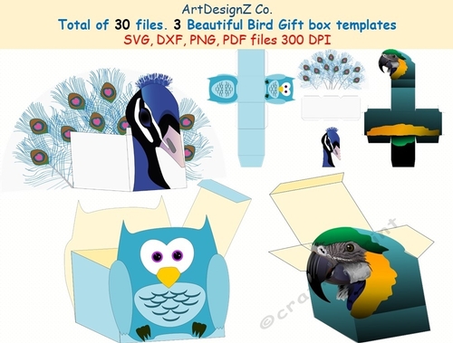 Total of 30 files. Three Beautiful Bird Gift box templates. Peacock box, owl box, parrot box, Cricut, Silhouette, Svg, clipart, basket, birthday, fathers day, wedding, mothers day, Halloween, Easter, Christmas