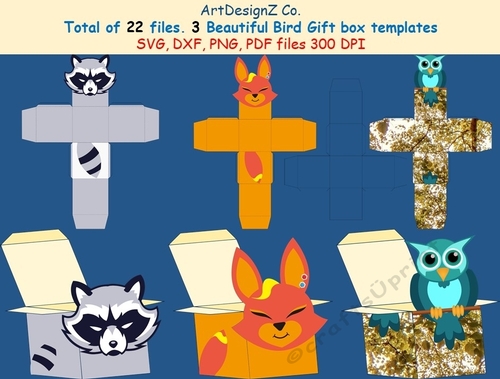 Total of 22 files. Three Beautiful animal and bird Gift box templates. Raccoon box, owl box, fox box, Cricut, Silhouette, Svg, clipart, basket, birthday, fathers day, wedding, mothers day, Halloween, Easter, Christmas