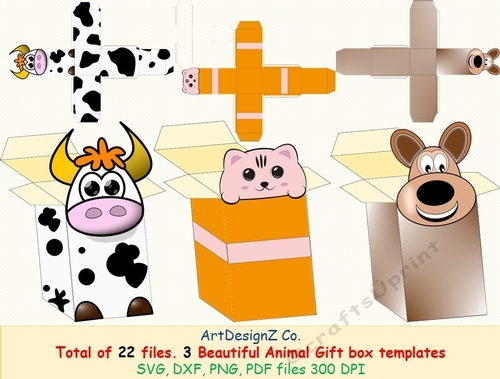 Total of 22 files. Three Beautiful animal Gift box templates. Cow box, kitten box, deer box, Cricut, Silhouette, Svg, clipart, basket, birthday, fathers day, wedding, mothers day, Halloween, Easter, Christmas