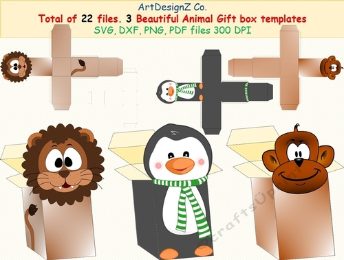 Total of 22 files. Three Beautiful animals Gift box templates. Lion, penguin, monkey, box, Cricut, Silhouette, Svg, clipart, basket, birthday, fathers day, wedding, mothers day, Halloween, Easter, Christmas