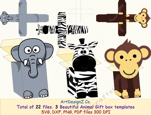 Total of 22 files. Three Beautiful animals Gift box templates. Elephant, zebra, monkey, box, Cricut, Silhouette, Svg, clipart, basket, birthday, fathers day, wedding, mothers day, Halloween, Easter, Christmas