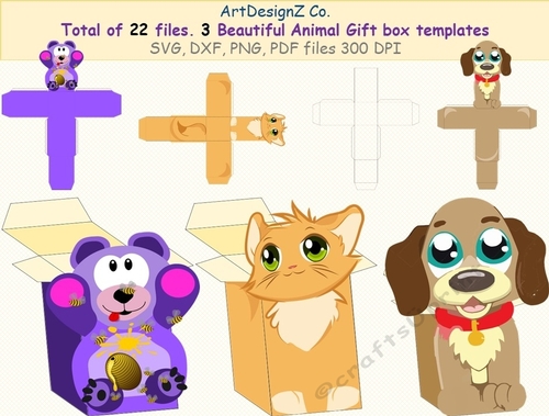 Total of 22 files. Three Beautiful animals Gift box templates. Teddy, kitty, puppy, box, Cricut, Silhouette, Svg, clipart, basket, birthday, fathers day, wedding, mothers day, Halloween, Easter, Christmas