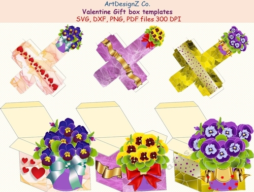 Beautiful Valentine gift box templates with lids. Vector and raster files. Valentine, flower, heart, lace, ribbon, basket, birthday, wedding, mother day, Halloween, Easter, Christmas