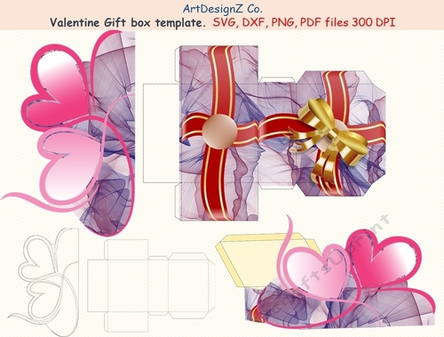Beautiful Valentine gift box template with lid. Vector and raster files. Valentine, heart, love, basket, birthday, wedding, mother day, Halloween, Easter, Christmas