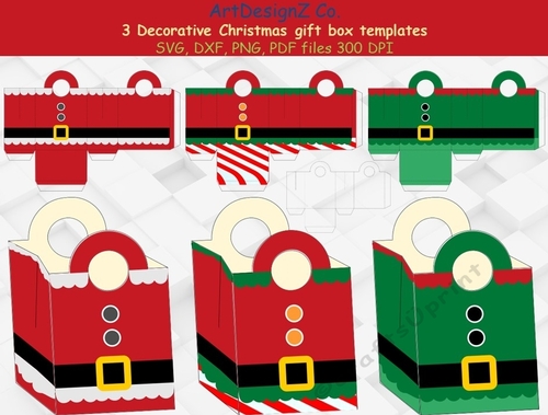 Total of 22 files. Beautiful Christmas gift box templates.  SVG, basket, 3D Box, Bundle, Santa Box, Elf Box treat