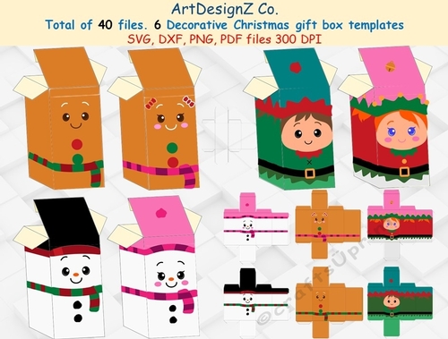 Total of 40 files. Beautiful Christmas gift box templates.  Snowman, biscuit, elf box, SVG, basket, 3D Box, Bundle, Santa Box, Elf Box treat