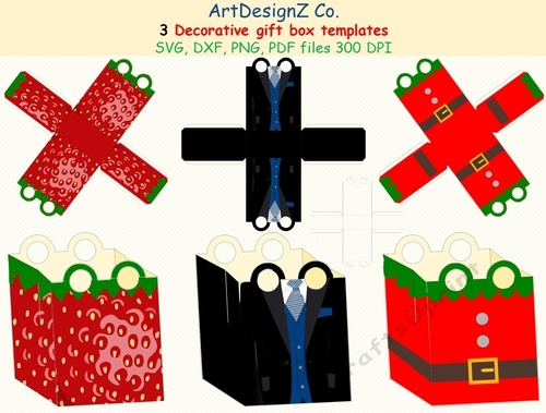 Total of 22 files. Beautiful decorative gift box templates.  SVG, strawberry, suit, elf, basket, 3D Box, Bundle, flower, abstract, Box treat