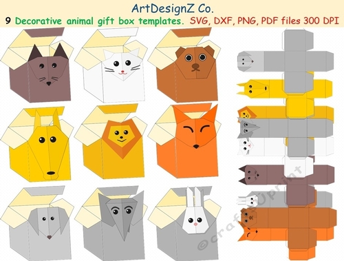 Total of 58 files. Beautiful gift box templates with animals. Lion, mice, fox, bear, teddy, donkey, rabbit, dog, cat, elephant. Basket 