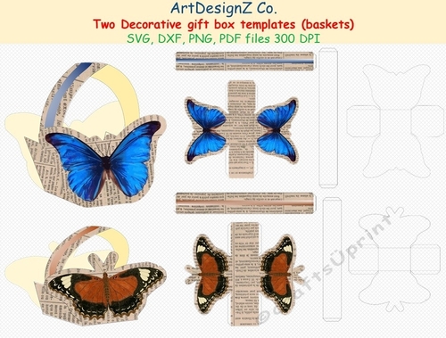 Two Beautiful gift box templates.  SVG, basket, butterfly, newspaper, 3D Box, Bundle, flower, abstract, Box treat