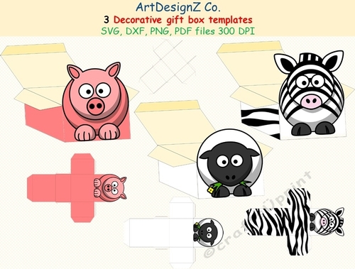 Total of 22 files. Beautiful animal decorative gift box templates.  SVG, lamb, zebra, pig, basket, 3D Box, Bundle, flower, abstract, Box treat