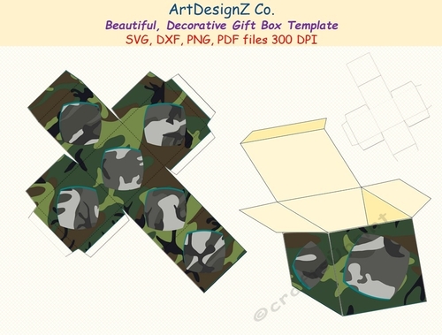 Beautiful, decorative, gift box template. Camouflage, Vector and raster files. Basket, vase, day, birthday, back to school, wedding, mother day, Halloween, Easter, Christmas, Valentine