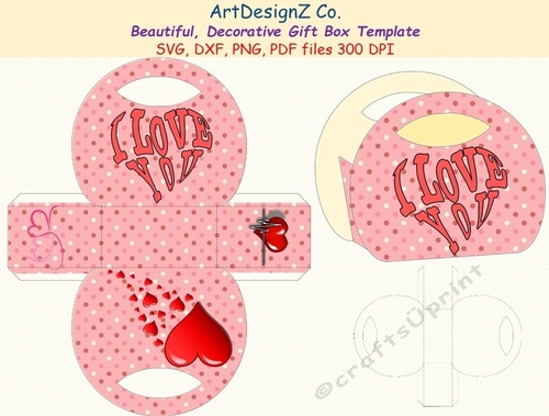 Beautiful, decorative, gift box template. Love, Valentine, Vector and raster files. Basket, vase, day, birthday, back to school, wedding, mother day, Halloween, Easter, Christmas