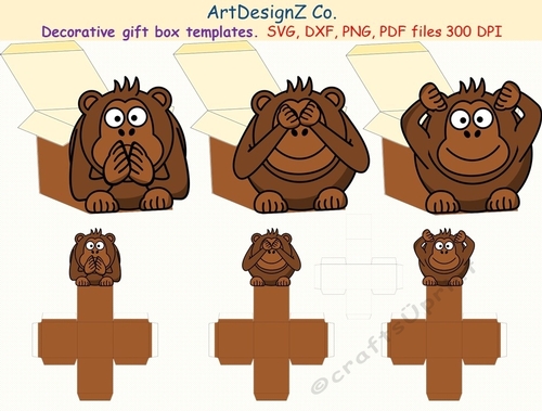 Three wise animals (Monkeys). Beautiful decorative gift box templates. 