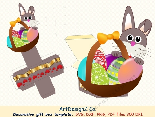 Beautiful decorative Easter gift box template. Vector and raster files. Basket, egg, rabbit, flower, bouquet, birthday, back to school, wedding, mother day, Halloween, Christmas, Valentine