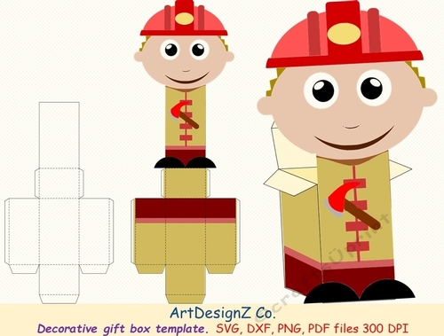 Beautiful decorative boy firefighter gift box template. Vector and raster files. Basket, egg, rabbit, flower, bouquet, birthday, back to school, wedding, mother day, Halloween, Christmas, Valentine