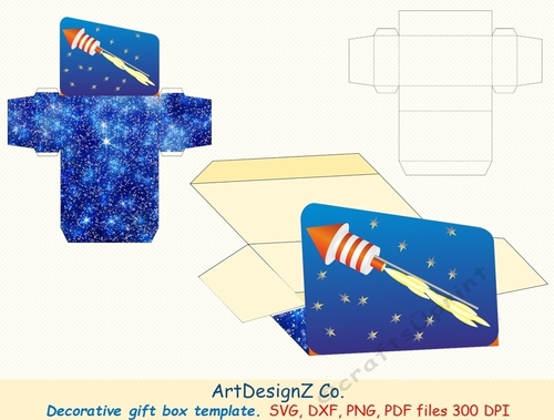 Beautiful decorative space rocket gift box template. Vector and raster files. Basket, egg, rabbit, flower, bouquet, birthday, back to school, wedding, mother day, Halloween, Christmas, Valentine