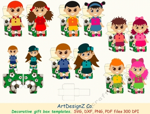 Total of 64 files. Beautiful decorative boy and girl gift box templates. Soccer, football, sport. Vector and raster files. Basket, egg, rabbit, flower, bouquet, birthday, back to school, wedding, mother day, Halloween, Christmas, Valentine