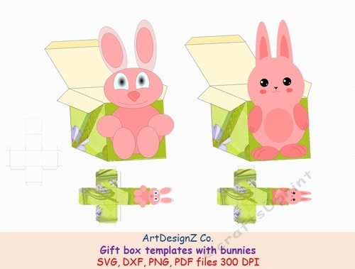 Gift box templates. Animals, bunny, rabbit, Easter. Simple box, square box, cube box, storage box, shipping box, Cricut, Silhouette, Svg, clipart, basket, birthday, fathers day, wedding, mothers day, Halloween