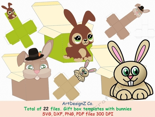 Total of 22 files. Gift box templates. Animals, Easter, bunny, rabbit. Simple box, square box, cube box, storage box, shipping box, Cricut, Silhouette, Svg, clipart, basket, birthday, fathers day, wedding, mothers day, Halloween