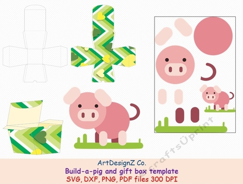 Build-a-pig and Gift box template. Animals, pig, christmas, Easter. Simple box, square box, cube box, storage box, shipping box, Cricut, Silhouette, Svg, clipart, basket, birthday, fathers day, wedding, mothers day, Halloween