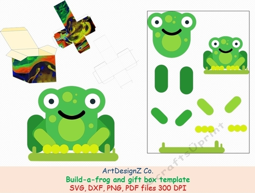 Build-a-frog and Gift box template. Animals, frog, christmas, Easter. Simple box, square box, cube box, storage box, shipping box, Cricut, Silhouette, Svg, clipart, basket, birthday, fathers day, wedding, mothers day, Halloween