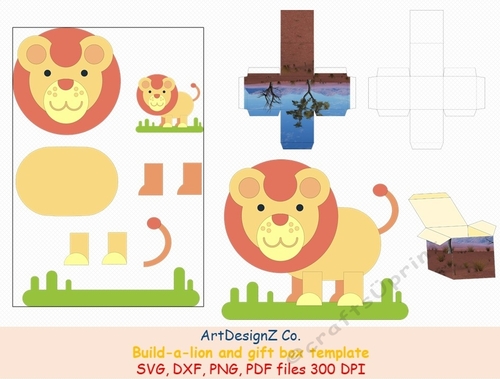 Build-a-lion and Gift box template. Animals, christmas, Easter. Simple box, square box, cube box, storage box, shipping box, Cricut, Silhouette, Svg, clipart, basket, birthday, fathers day, wedding, mothers day, Halloween