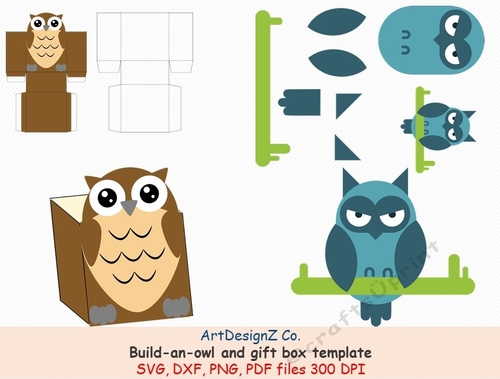 Build-an-owl and Gift box template. Animals, bird, christmas, Easter. Simple box, square box, cube box, storage box, shipping box, Cricut, Silhouette, Svg, clipart, basket, birthday, fathers day, wedding, mothers day, Halloween