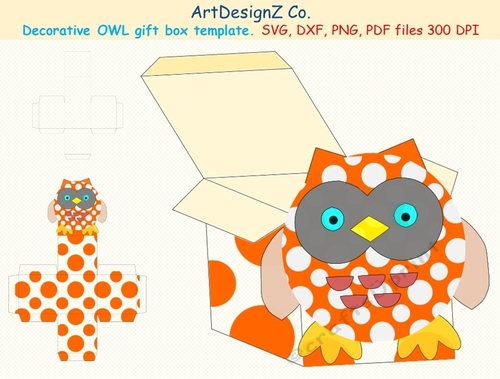 Beautiful owl gift box template. Basket Vector and raster files. Back to school, book, Easter, Halloween, birthday, wedding, mother day, Christmas, valentine
