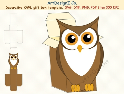 Beautiful owl gift box template. Basket Vector and raster files. Back to school, book, Easter, Halloween, birthday, wedding, mother day, Christmas, valentine