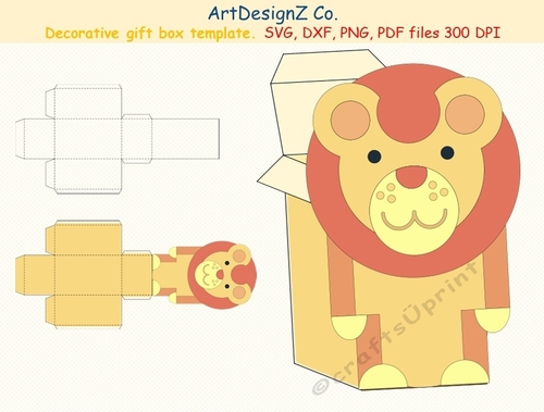Beautiful lion gift box template. Basket Vector and raster files. Back to school, book, Easter, Halloween, birthday, wedding, mother day, Christmas, valentine