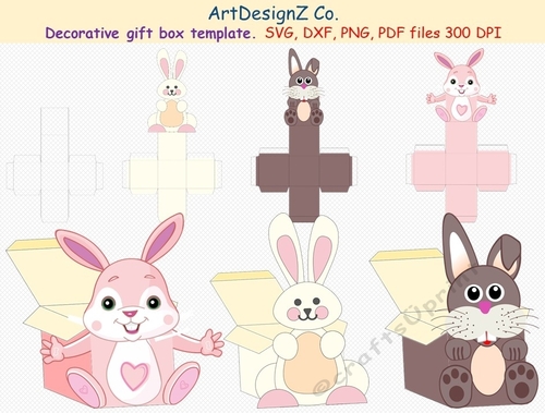 Gift box templates. Animals, bunny, rabbit, Easter. Simple box, square box, cube box, storage box, shipping box, Cricut, Silhouette, Svg, clipart, basket, birthday, fathers day, wedding, mothers day, Halloween