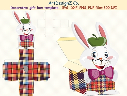 Gift box templates. Artist, Animal, bunny, rabbit, Easter. Scottish plaid. Simple box, square box, cube box, storage box, shipping box, Cricut, Silhouette, Svg, clipart, basket, birthday, fathers day, wedding, mothers day, Halloween