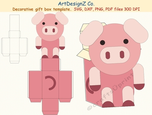 Beautiful pig gift box template. Basket Vector and raster files. Back to school, book, Easter, Halloween, birthday, wedding, mother day, Christmas, valentine