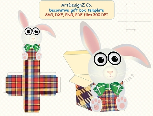 3D Gift or Sweet Box Template. Scottish plaid. Cute Bunny, Rabbit, Easter. Shaped Top Gift Box. Simple box, Present square box. 