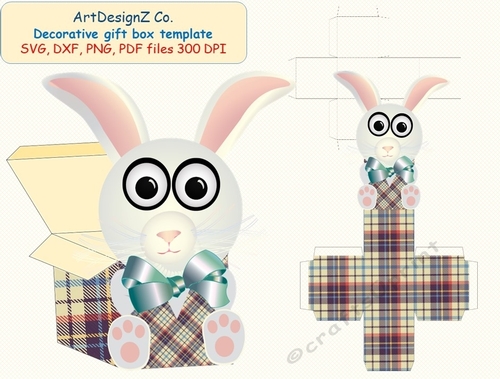 3D Gift or Sweet Box Template. Scottish plaid. Cute Bunny, Rabbit, Easter. Shaped Top Gift Box. Simple box, Present square box. 