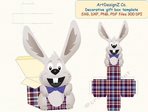 3D Gift or Sweet Box Template. Scottish plaid. Cute Bunny, Rabbit, Easter. Shaped Top Gift Box. Simple box, Present square box. 