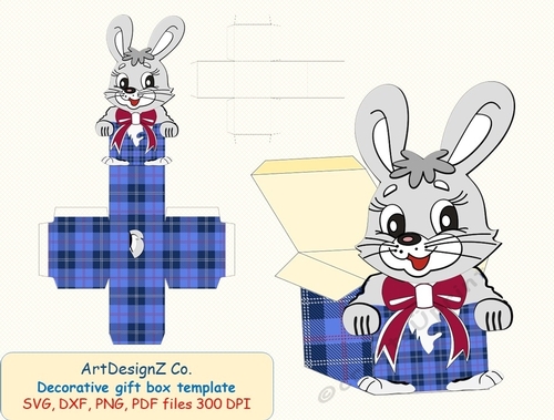 3D Gift or Sweet Box Template. Scottish plaid. Cute Bunny, Rabbit, Easter. Shaped Top Gift Box. Simple box, Present square box. 