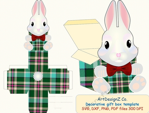 3D Gift or Sweet Box Template. Scottish plaid. Cute Bunny, Rabbit, Easter. Shaped Top Gift Box. Simple box, Present square box. 