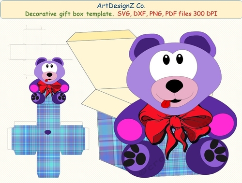 3D Gift or Sweet Box Template. Plaid. Cute Teddy bear