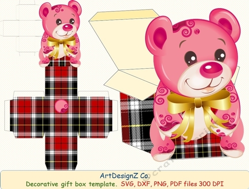 3D Gift or Sweet Box Template. Plaid. Cute Teddy bear