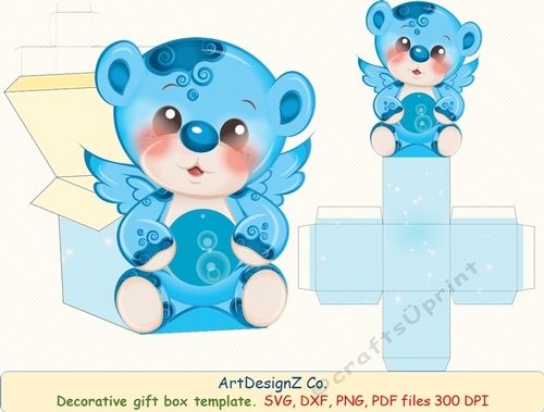 3D Gift or Sweet Box Template. Plaid. Cute Teddy bear. Easter, Christmas, Halloween, Wedding, Baby. Shaped Top Gift Box. Simple box, Present square box.